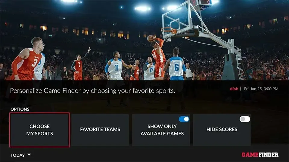 An interface overlay for Dish Game Finder displayed over a basketball game, showing menu options for favorite sports, teams, and score settings.