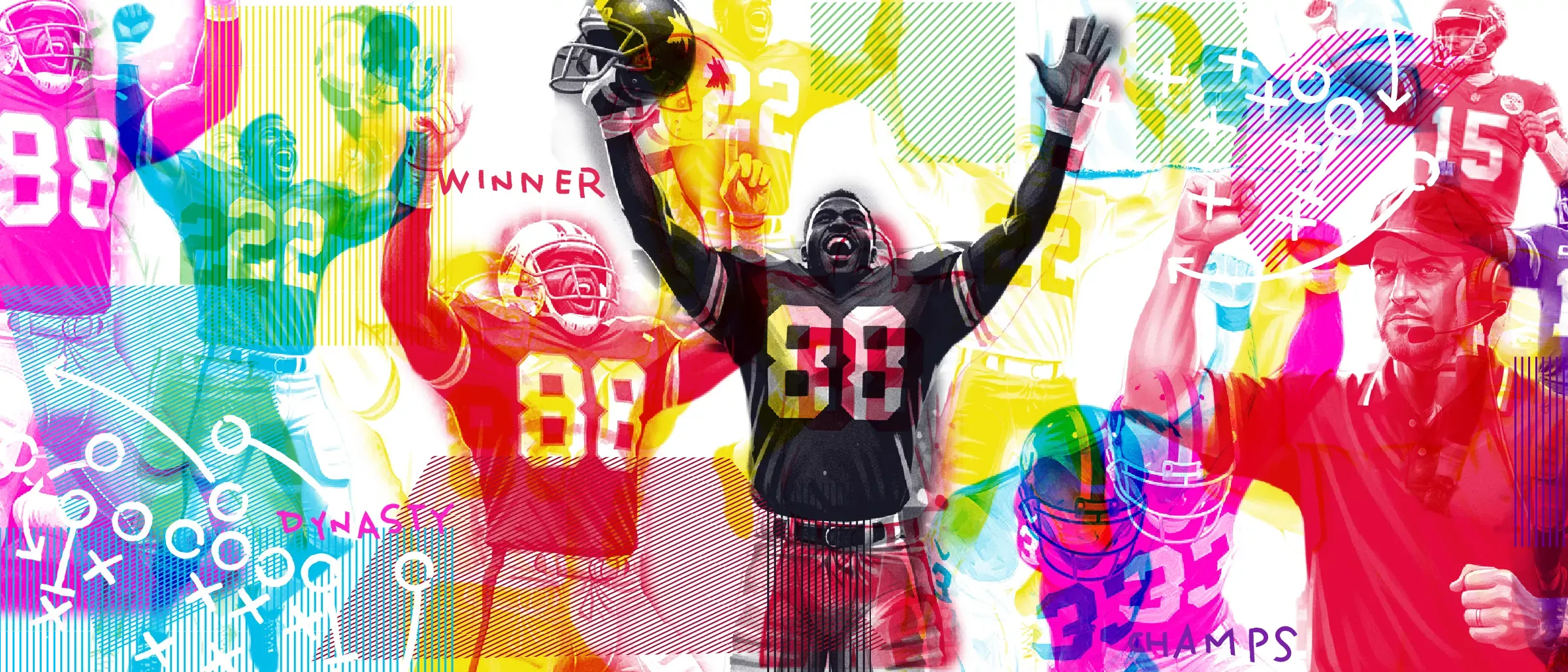 A celebratory collage of championship moments featuring jubilant players, a focused coach, and the words Winner, Dynasty, and Champs in stylized text.