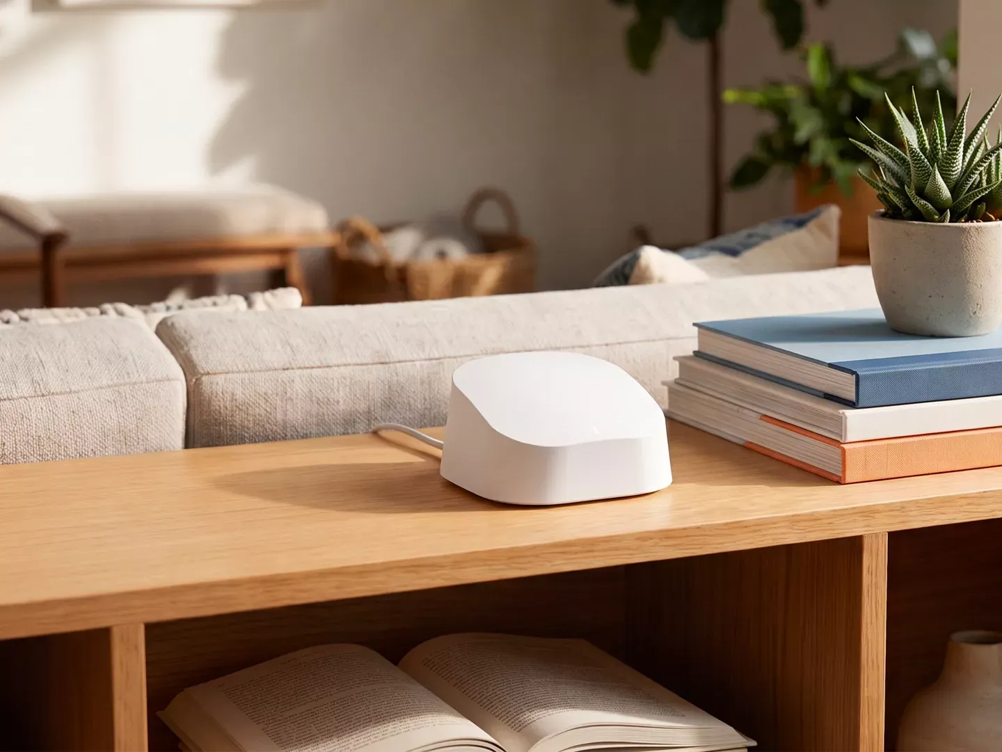 eero router sitting in a living room setting.