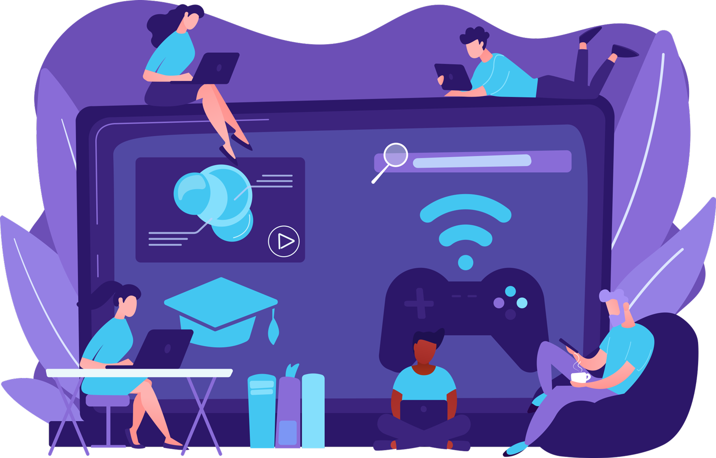 family illustration with devices and family members