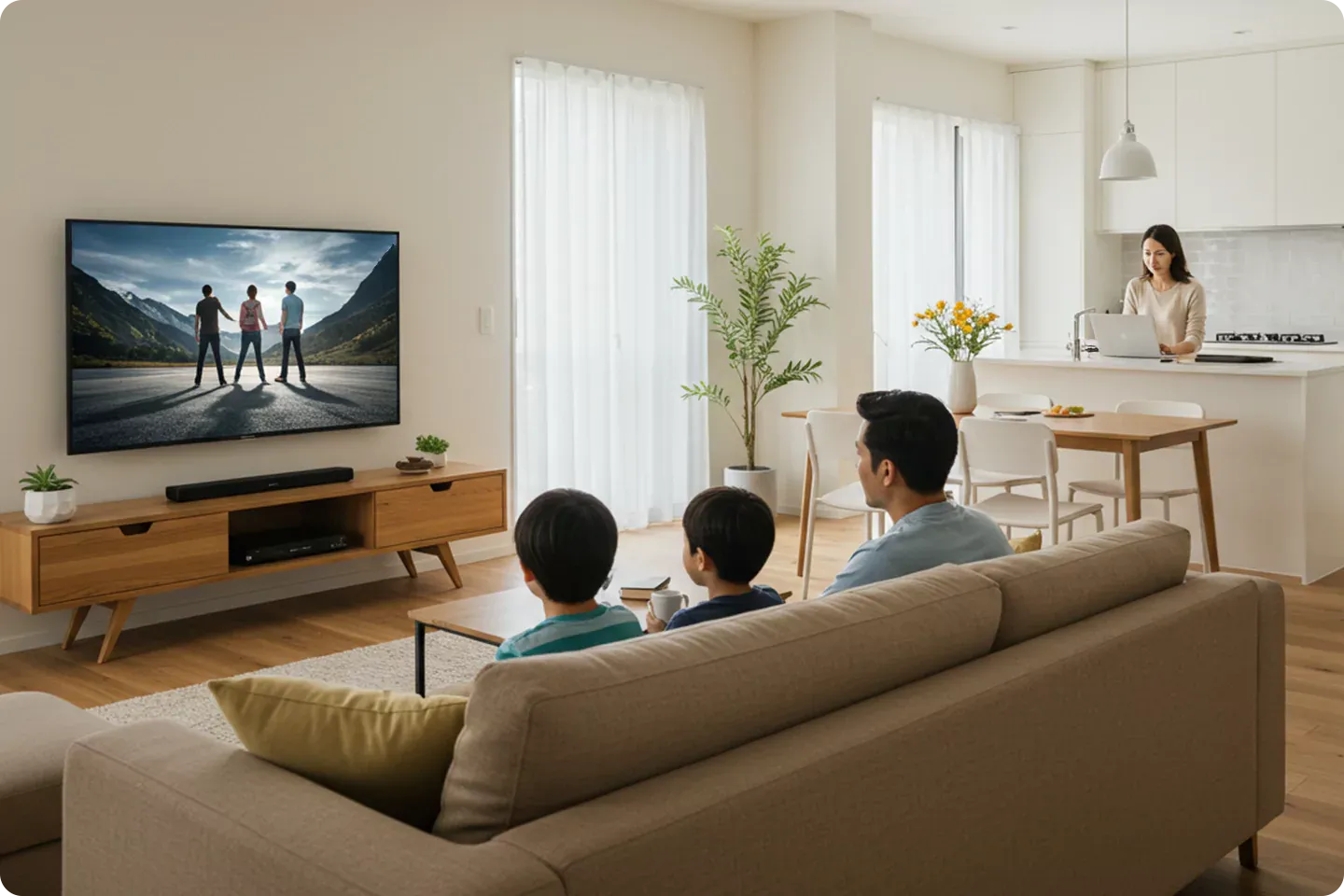 Family streams movie while mom works on laptop