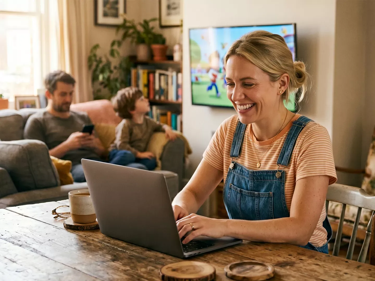 A smiling woman works on a laptop at a wooden table while her family relaxes in the background.