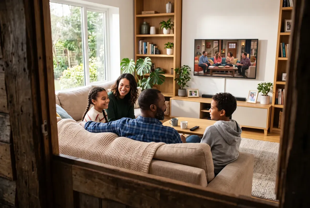 A family of four sitting together on a sofa watching television in a bright living room.