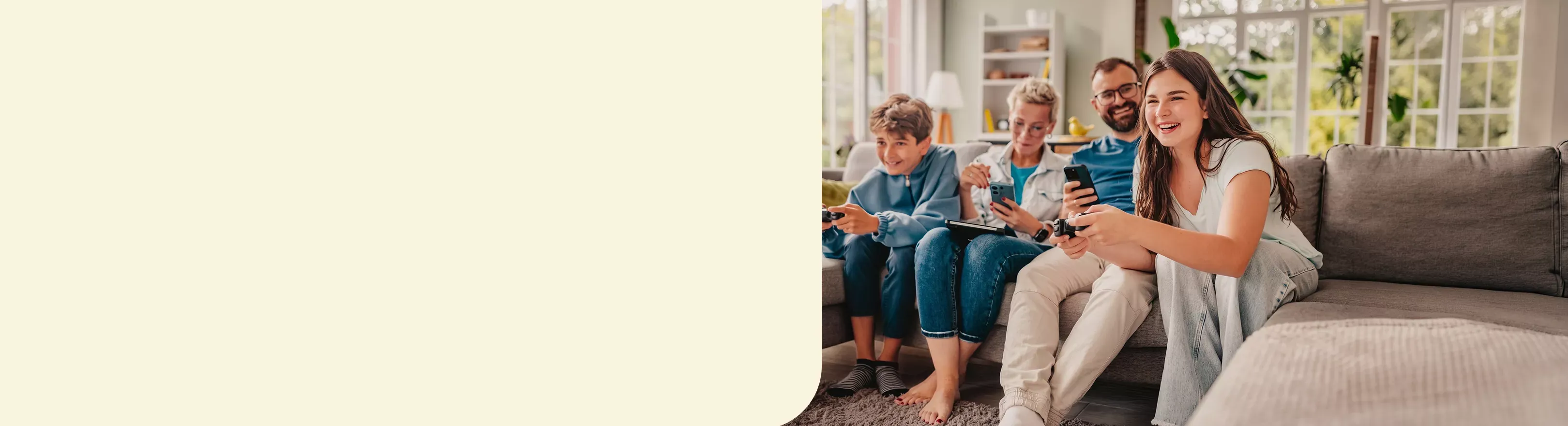 Happy family with fast fiber internet uses electronic devices at home