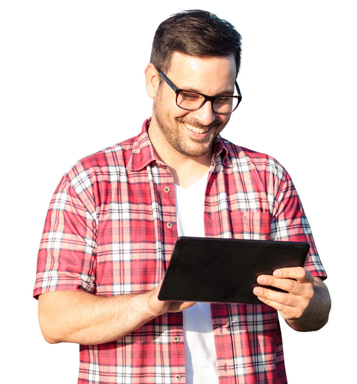 man looking at his tablet