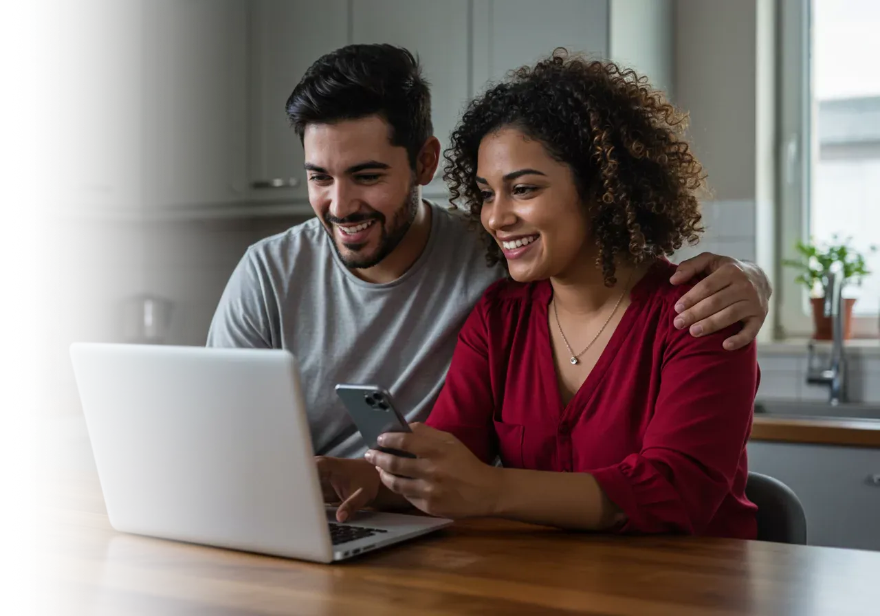 Una pareja usando internet en la encimera de la cocina.