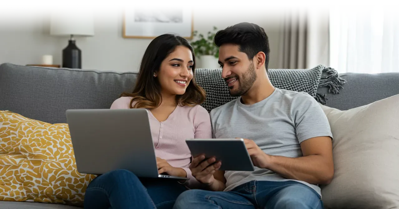 Una pareja usando dispositivos de Internet juntos en el sofá.