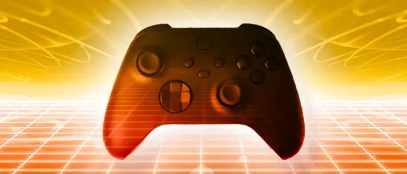 A dark-silhouetted video game controller centered on a vibrant orange and yellow background with digital grid lines and glowing abstract shapes.