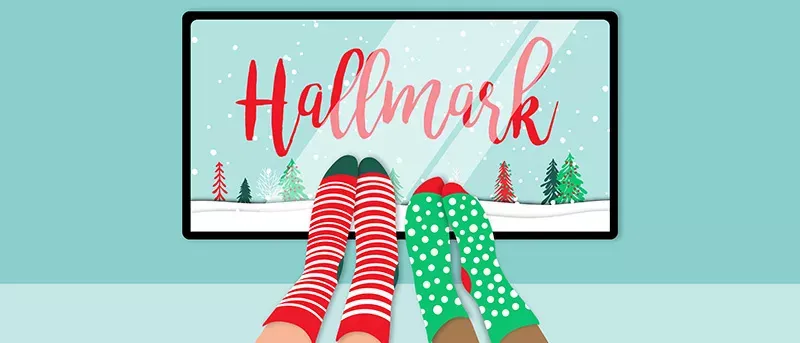 Illustration of two christmas themed cozy socked feet watching Hallmark movies on their TV.