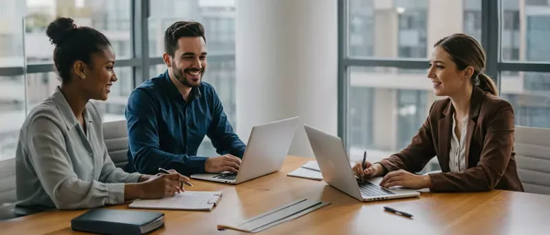 Three diverse business professionals, two women and one man, smile while collaborating at a wooden conference table with open laptops.