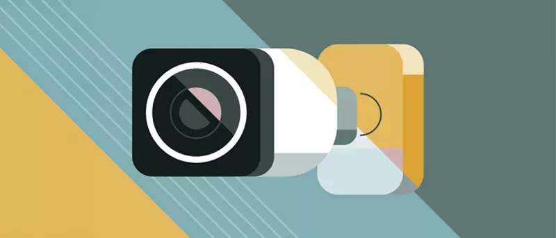 A stylized illustration of a square camera lens that appears layered or to be moving, featuring colors like black, white, and gold against a teal and gray background.