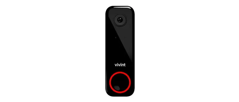 A black, rectangular Vivint smart doorbell camera with a red-lit circular button is centered against a white background.