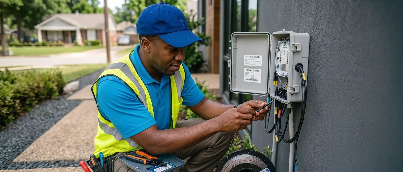 Fiber Internet installer, installing fiber on the side of a home.