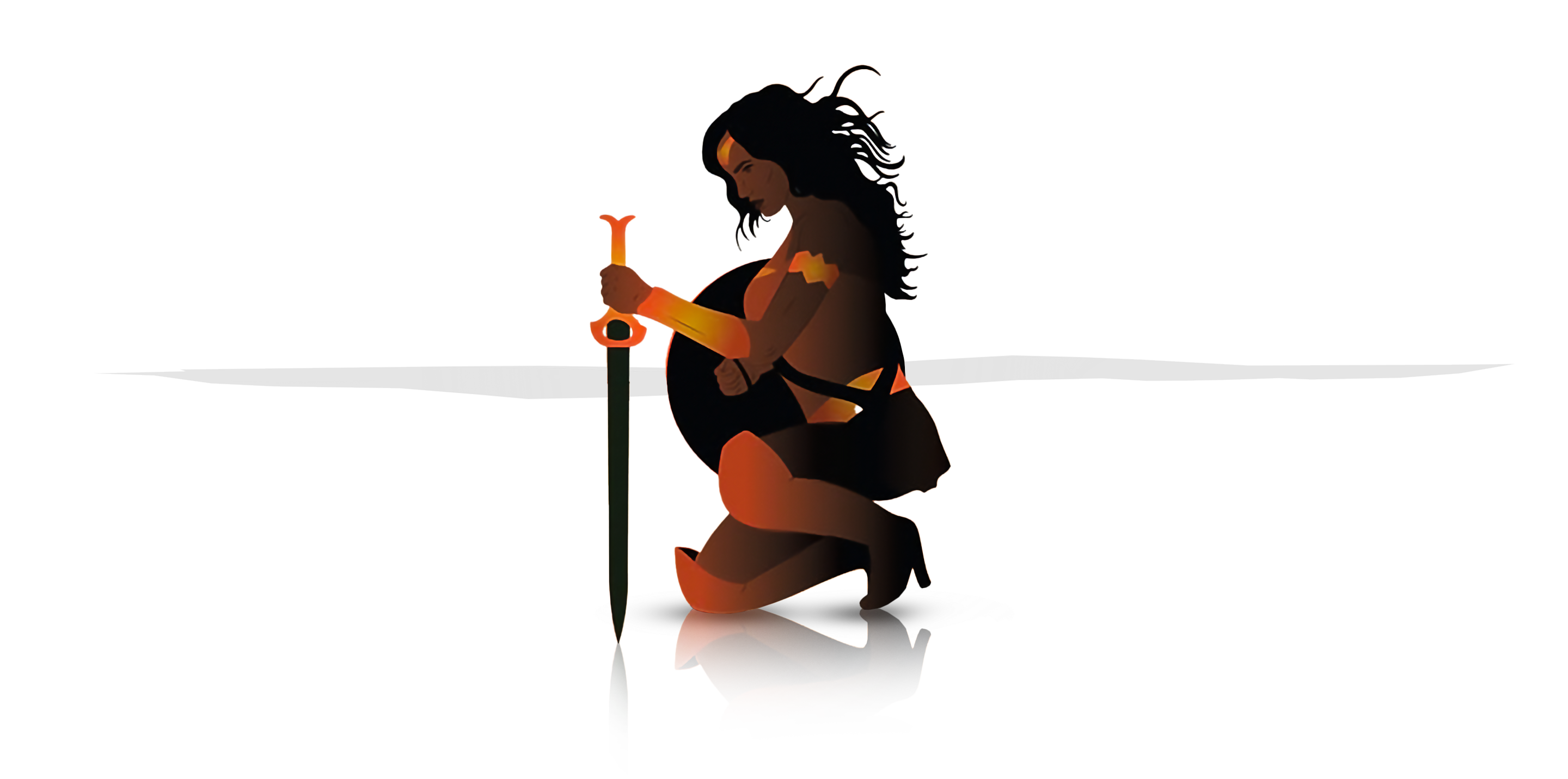 female superhero kneeling with her sword