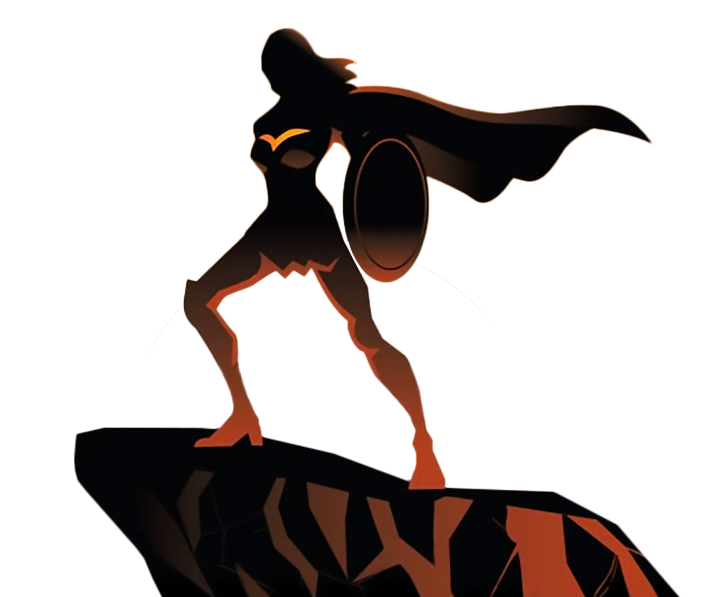 female superhero standing on a cliff with a sunset behind her