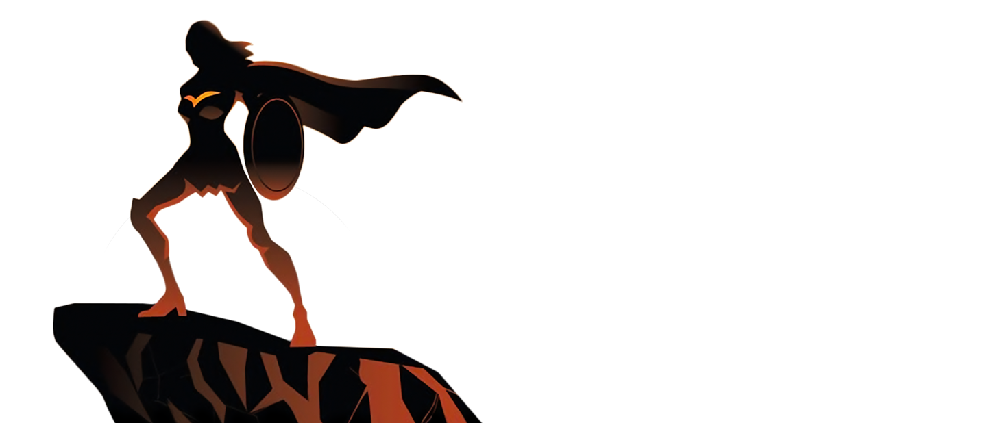 female superhero standing on a cliff with a sunset behind her