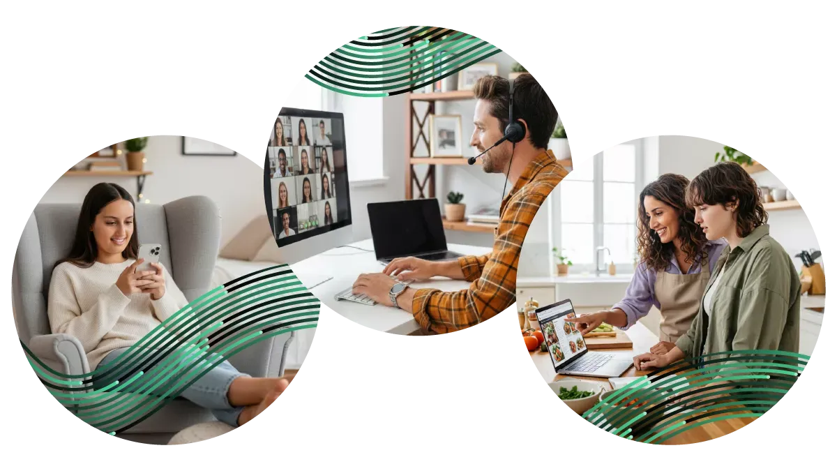 Un collage que muestra a una mujer usando un teléfono inteligente, a un hombre en una videollamada con auriculares y a dos mujeres mirando una receta en una computadora portátil.