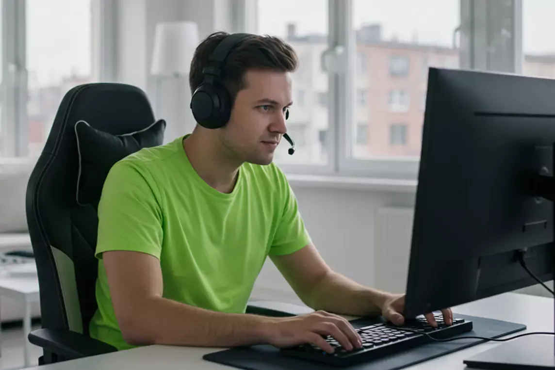 Man uses fiber internet to game at home.