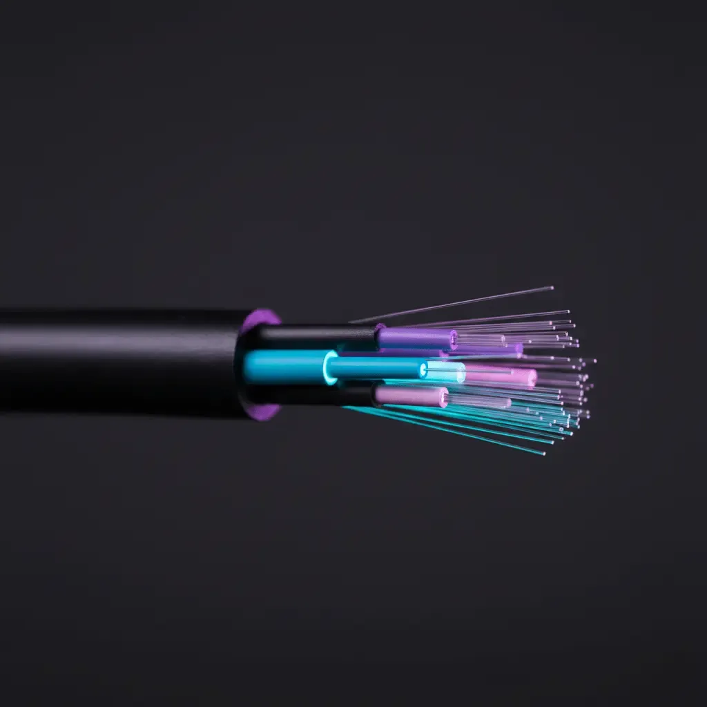A close-up shot of a black fiber optic cable revealing glowing blue and purple internal filaments against a dark background.