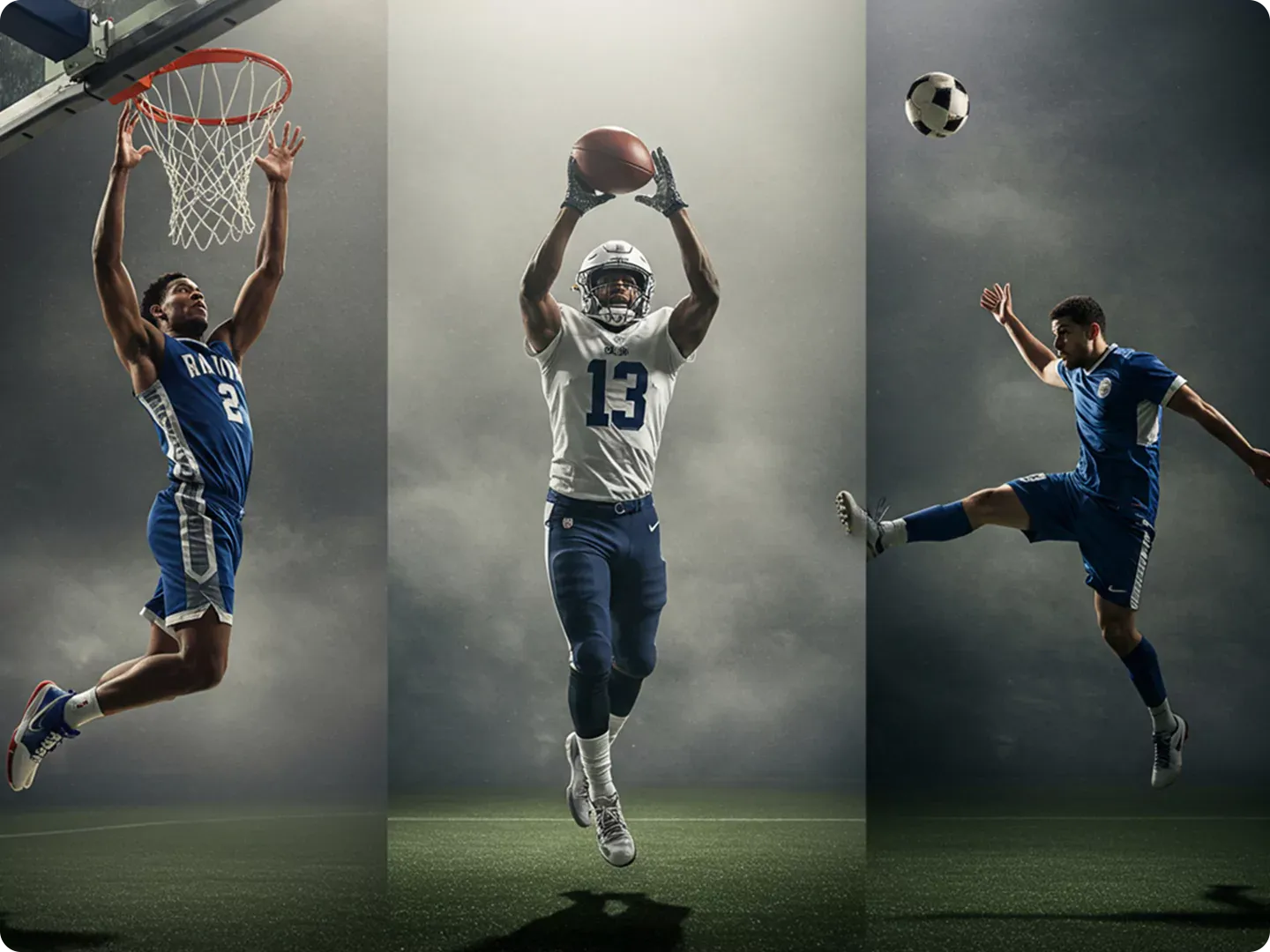 Action shots of basketball, football and soccer players
