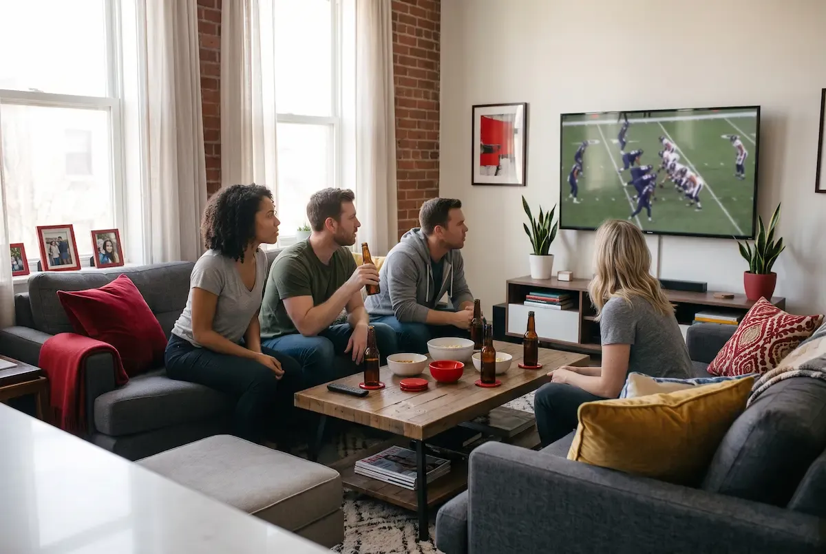 Four friends sit on couches drinking beers while watching a football game on TV.