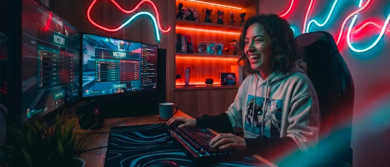 Smiling girl gaming and celebrating a victory, in a neon. lit gaming room.