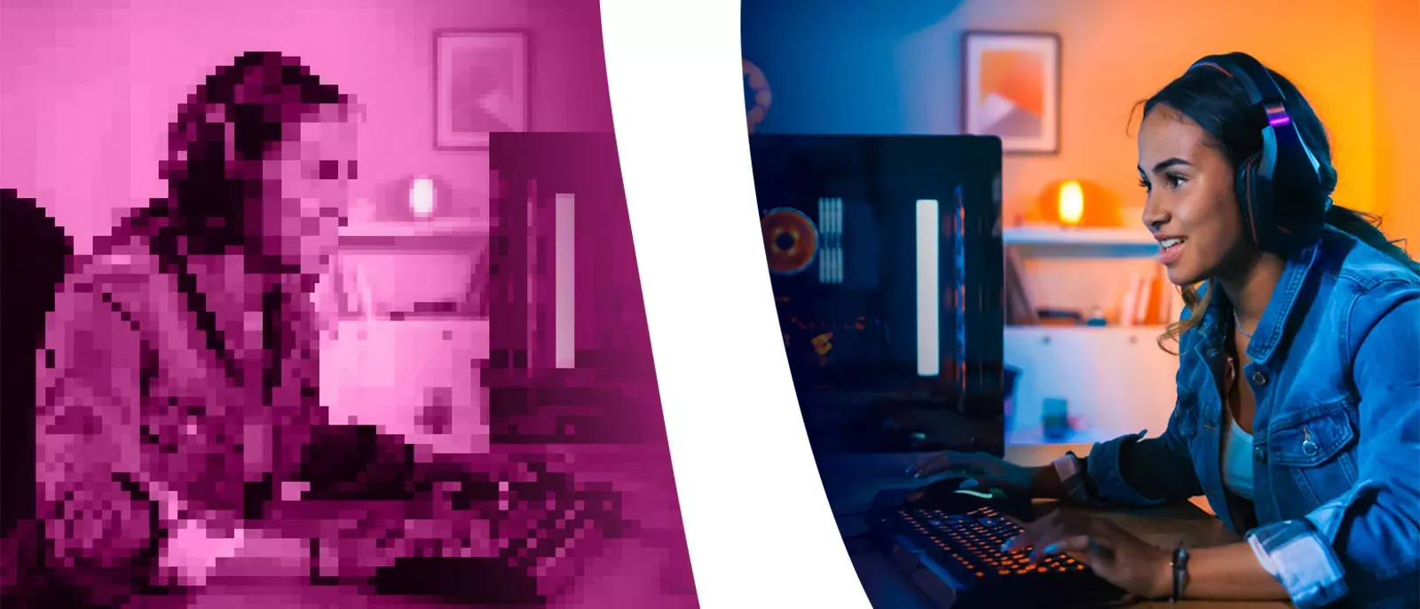 Head to head gamer, one is pixelated representing a slow speed, and one in full resolution representing speed.