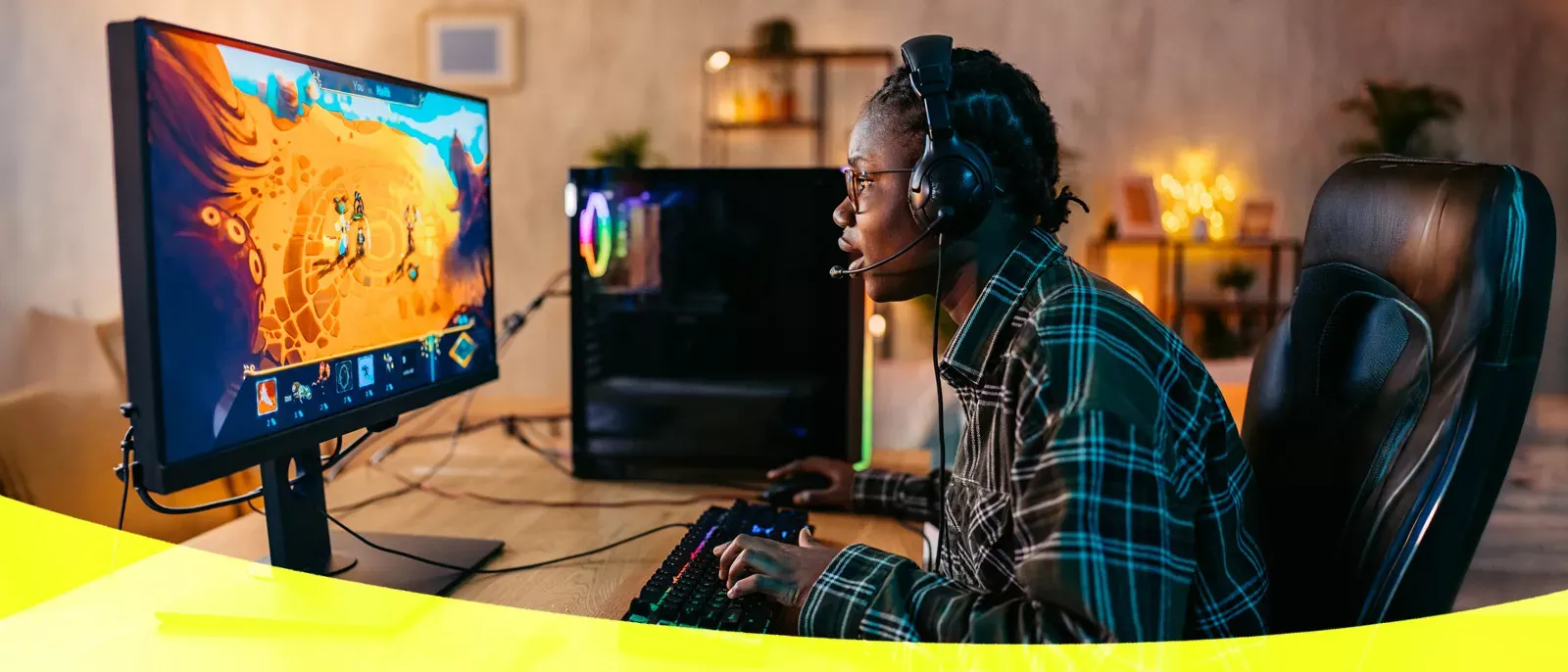 Gamer girl engaging and focused with her online PC gaming session.