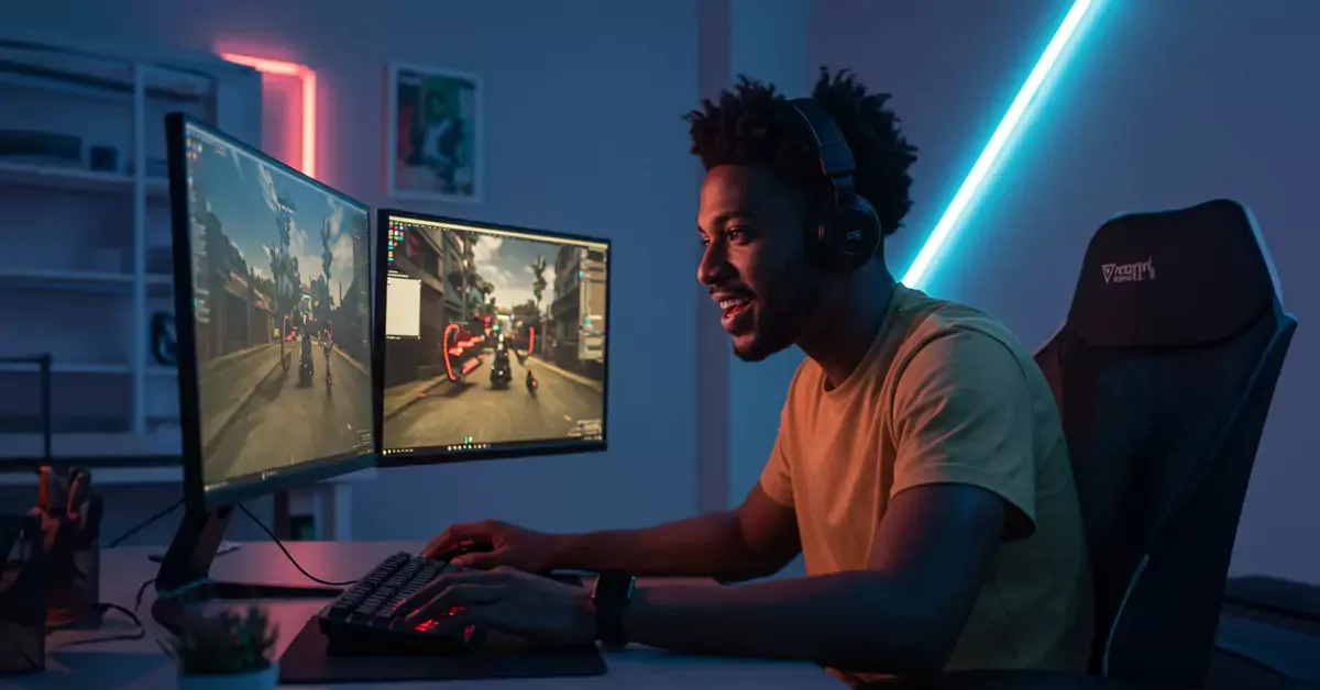 Guy playing online games.