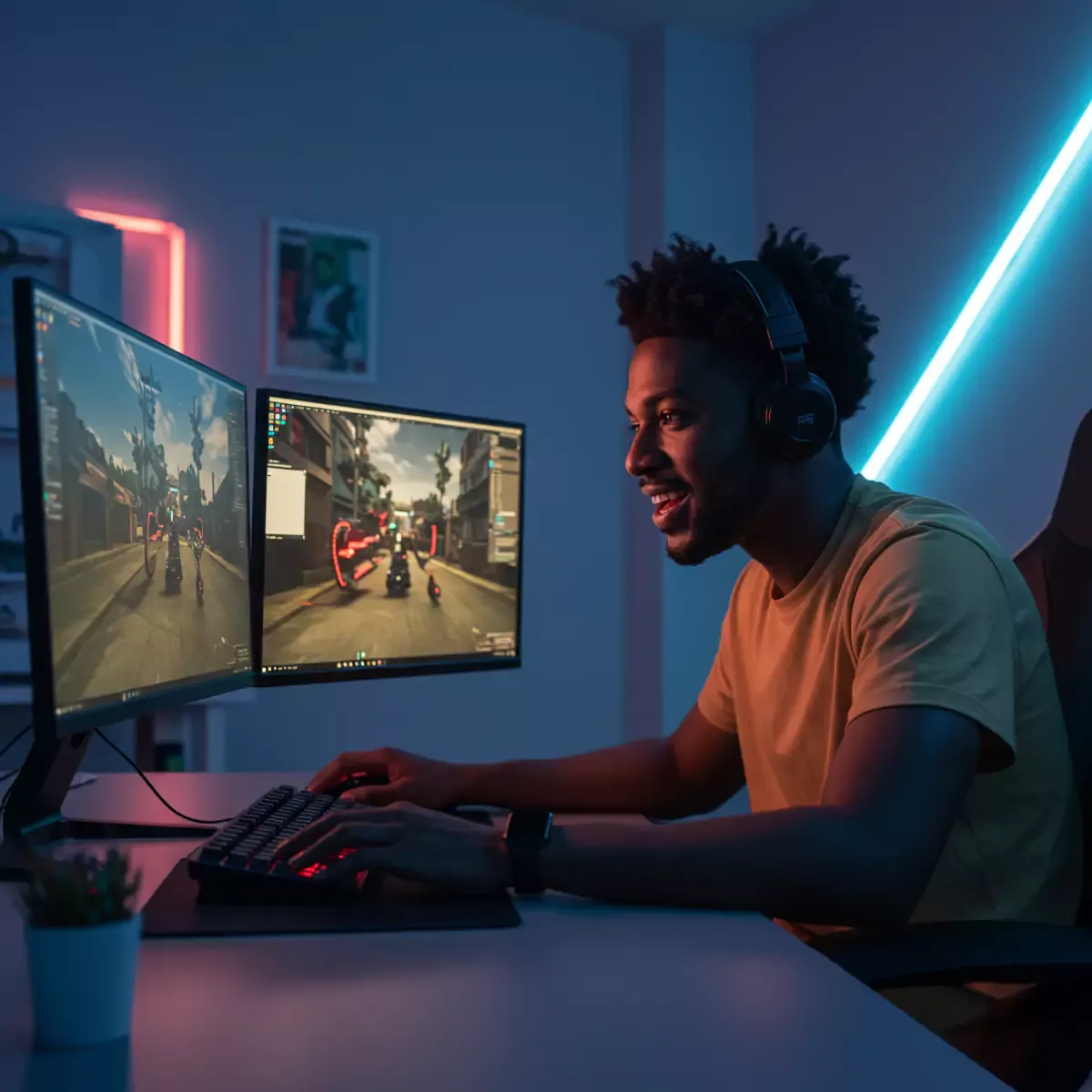 Guy playing online games.