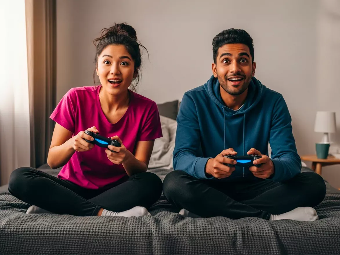 An excited young couple is sitting cross-legged on a bed, focused on playing video games with controllers.
