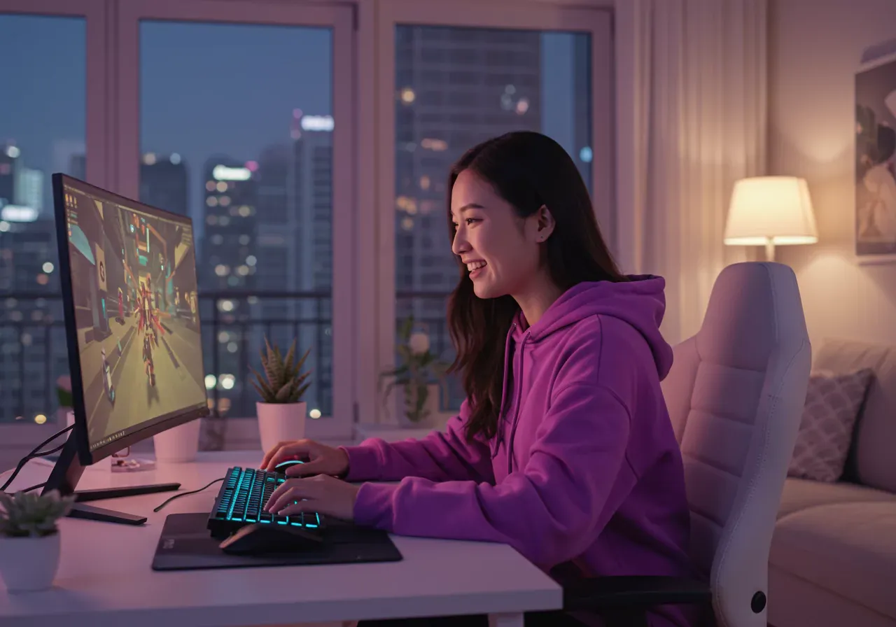 Woman gaming at home in purple glow apartment