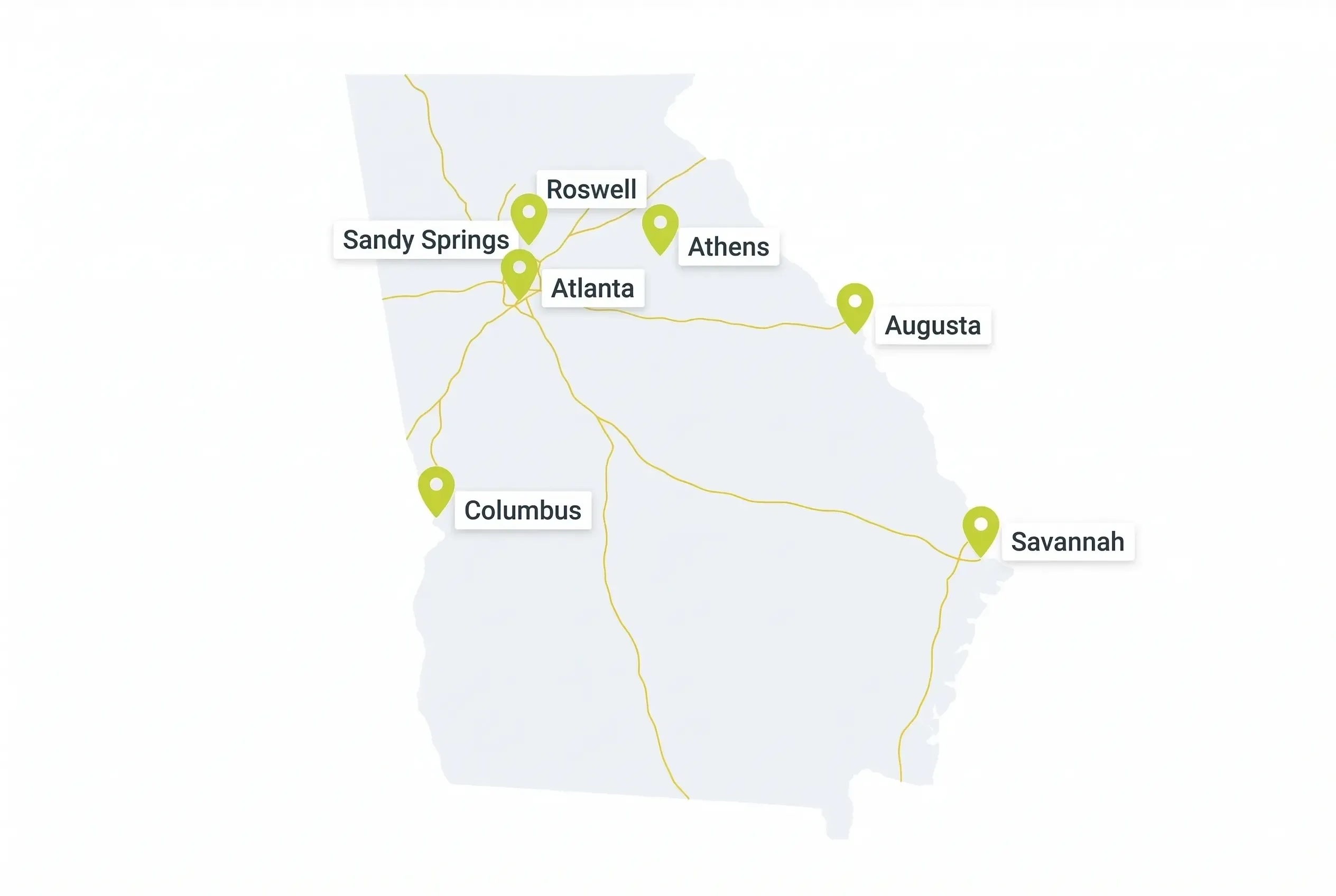 A simplified map of Georgia with gold highway lines and green location pins marking the cities of Sandy Springs, Roswell, Atlanta, Athens, Augusta, Columbus, and Savannah.