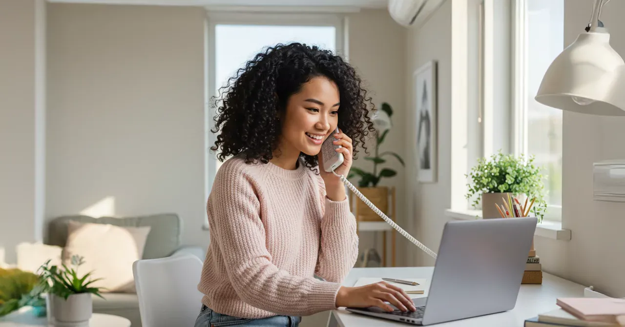 Curly haired woman using her laptop and talking on her home phone.