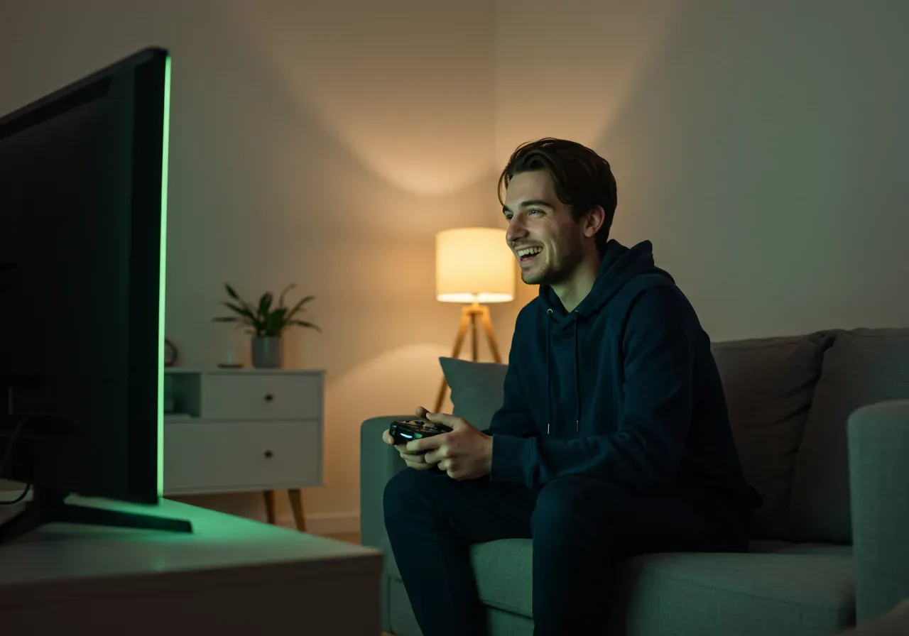 Man gaming on green glowing screen