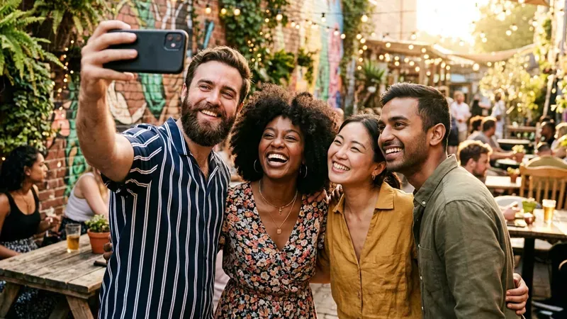 Group of friends taking an outdoor selfie.