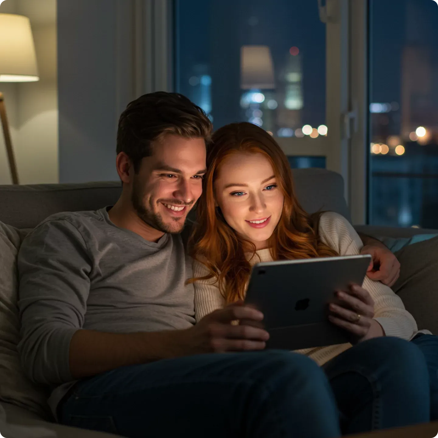 Couple streams movie on tablet at home.
