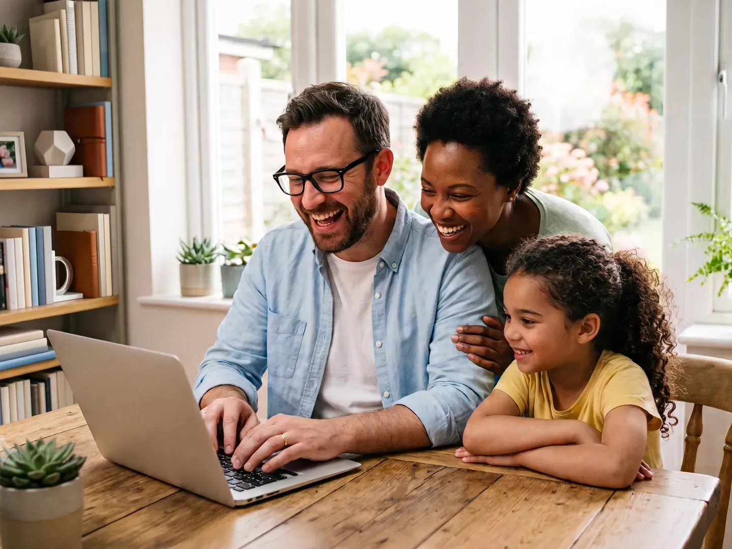 Happy family(dad, mom, and daughter) smiling around a laptop on their wooden dinging table.