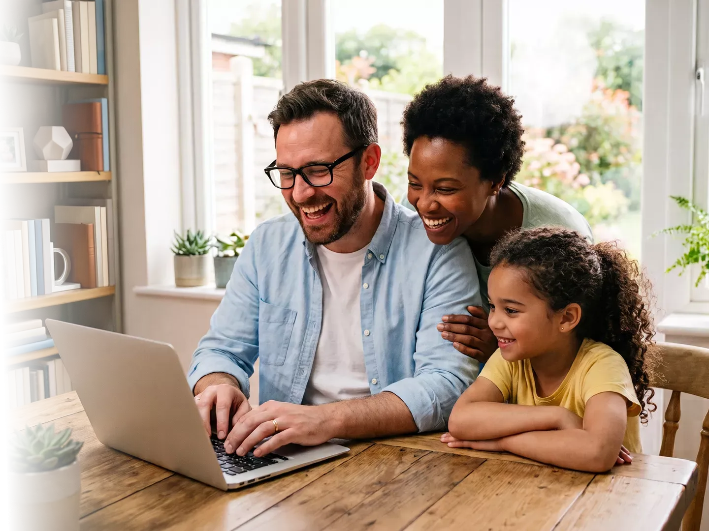 A smiling family; Dad, mom, and daughter, working on a laptop in a kitchen.