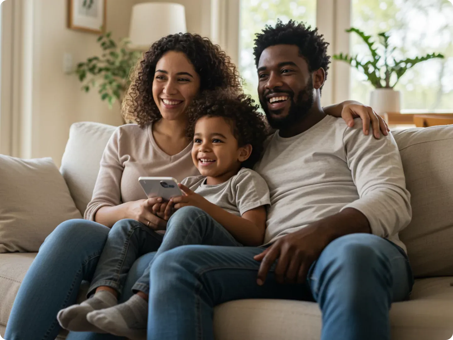 Happy family watches tv in their home.