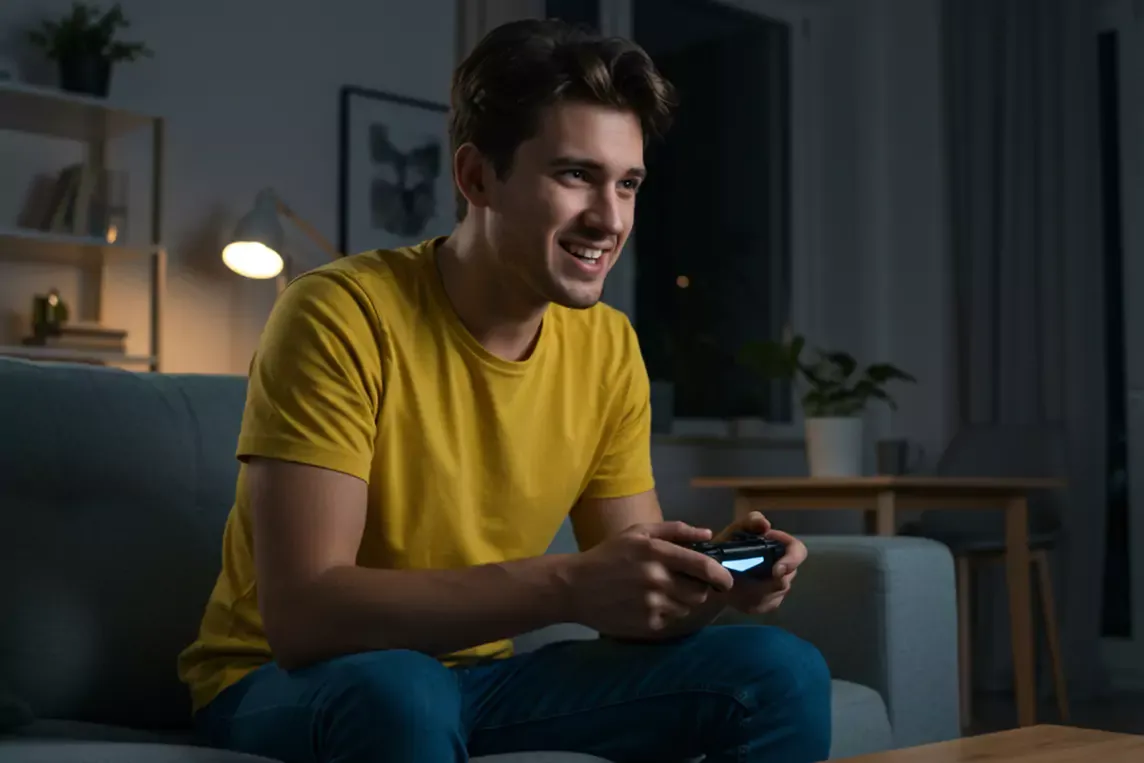 Happy man games at home on a TV.