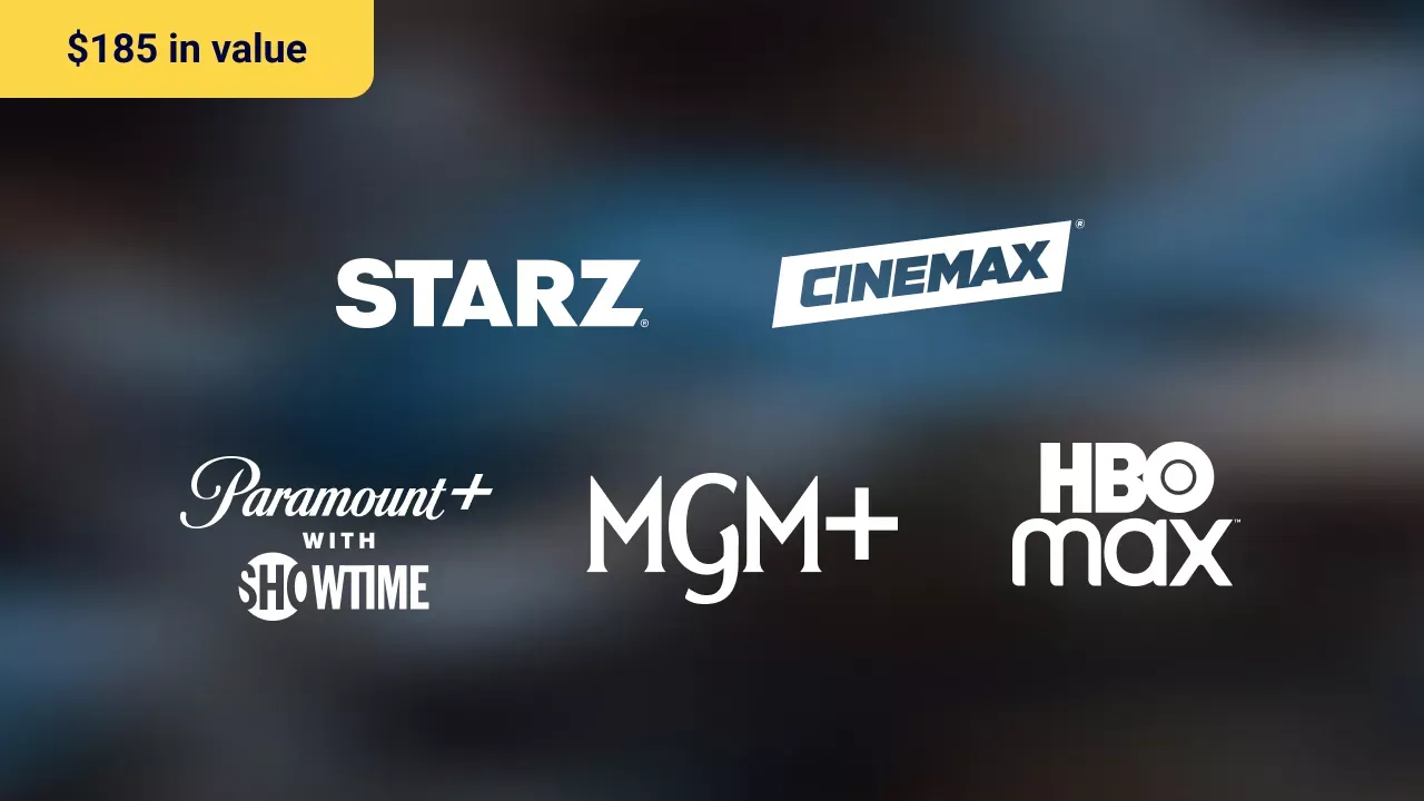 A variety of popular streaming service logos overlaid on a soft, blurred background