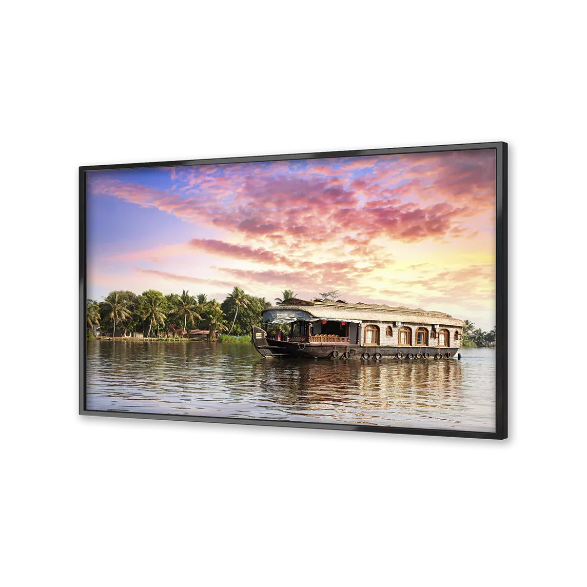 TV showing an Image of Houseboat floating down a river.