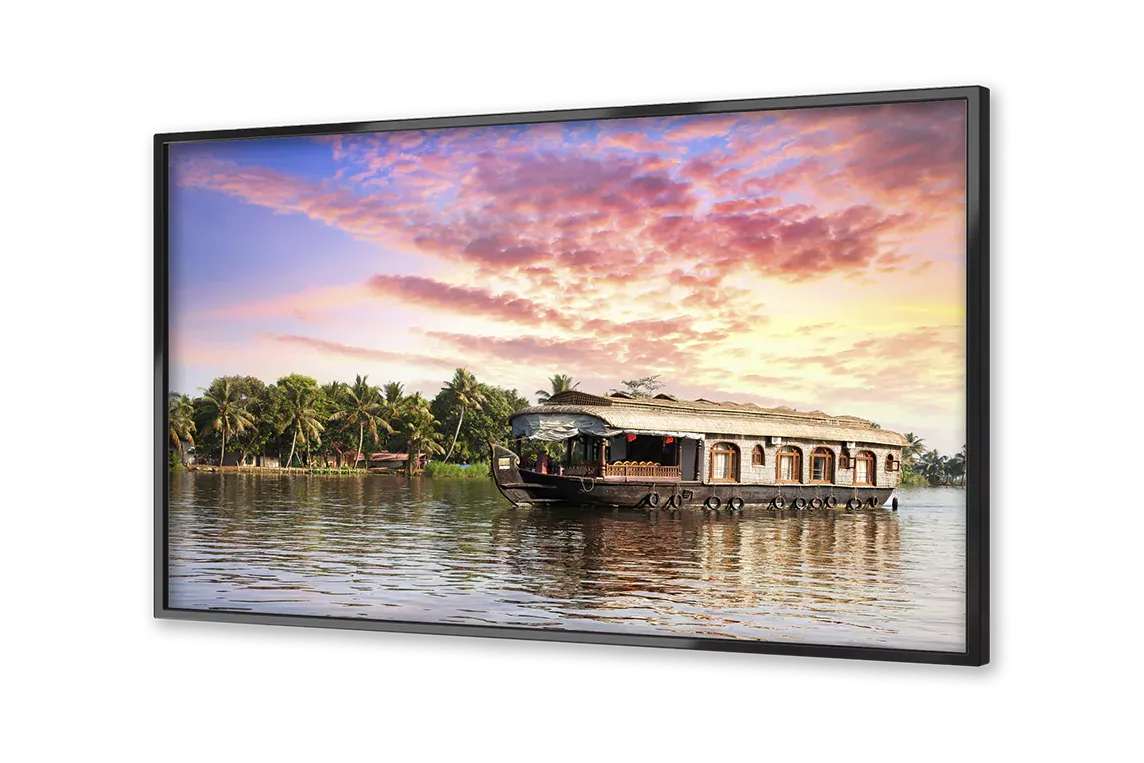 TV showing an Image of Houseboat floating down a river.