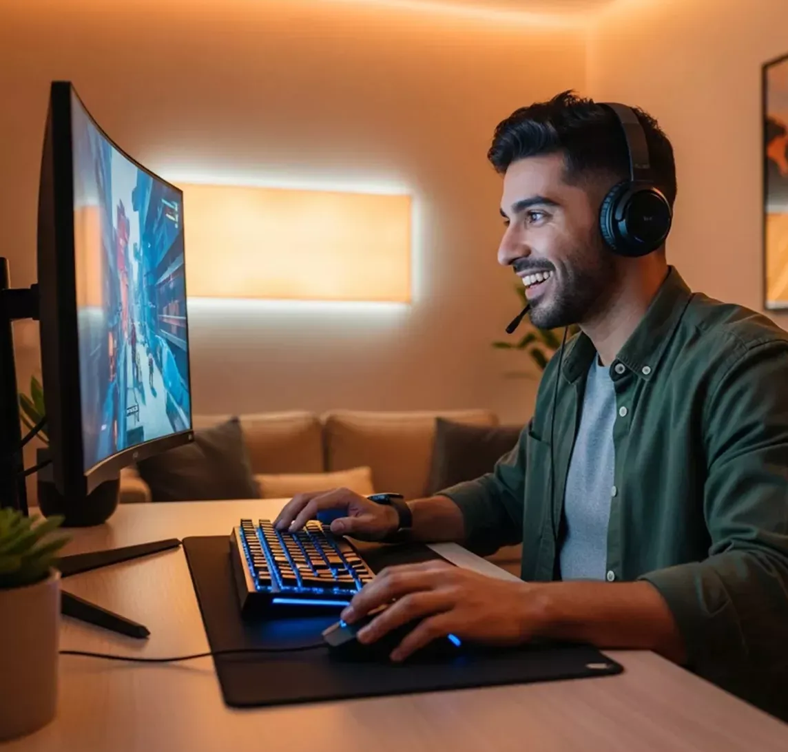 Hispanic man gaming at home in an orange glow