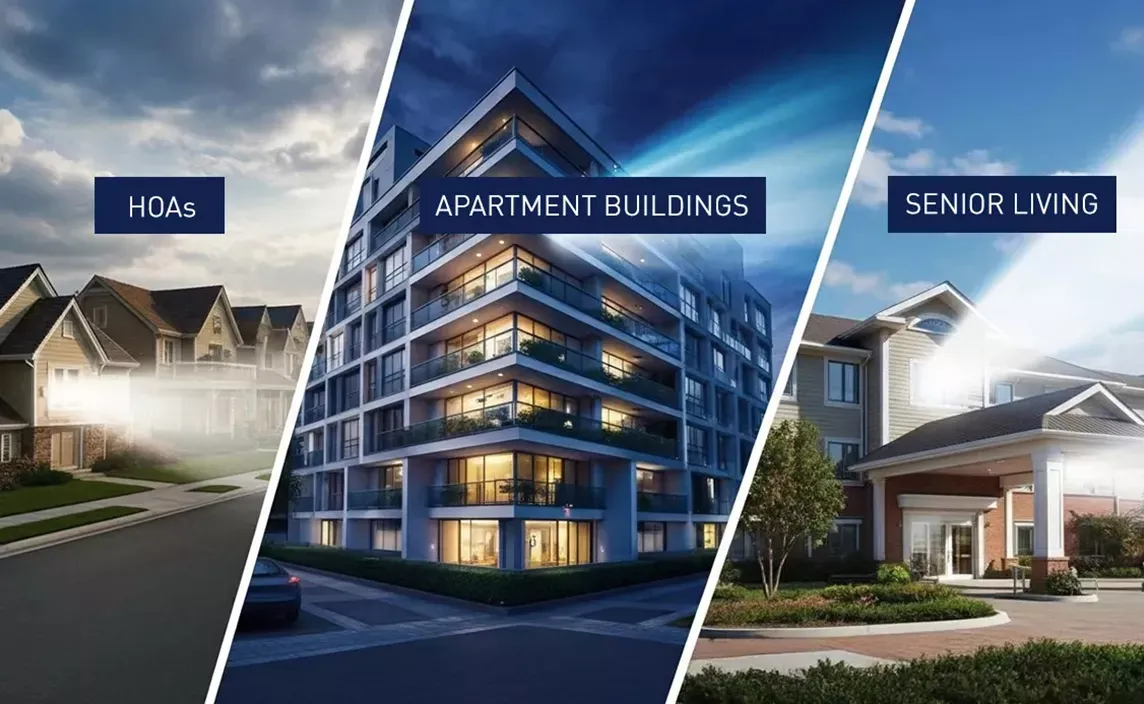HOA, Apartment building and Senior Living Home all with light shining out of their windows