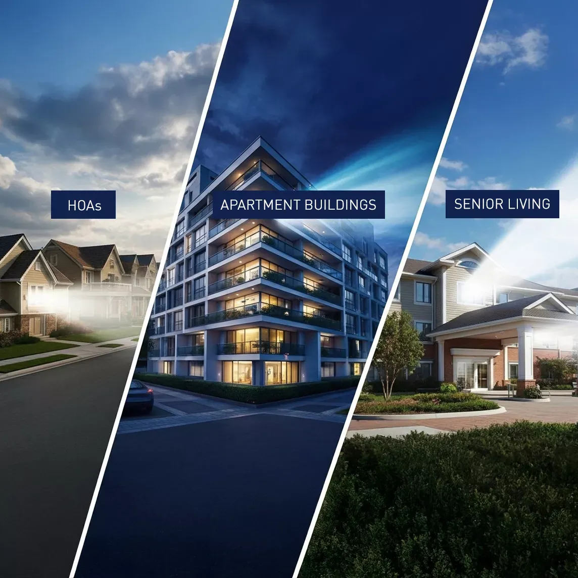 HOA, Apartment building and Senior Living Home all with light shining out of their windows