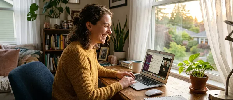 a woman working from home using her laptop and sitting in front of a window.