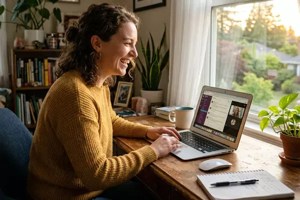 Woman working from home  on her laptop in front of an open window.