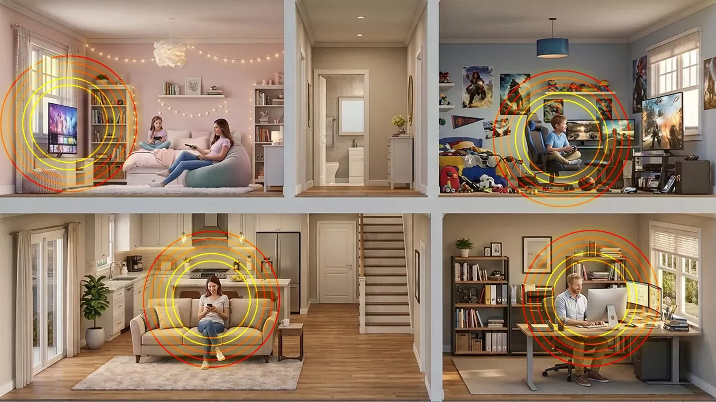 A cutaway view of a two-story home showing family members using devices in different rooms, each surrounded by orange wifi signal rings.